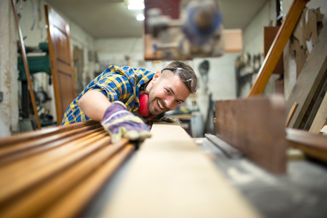 Portrait Experienced Carpenter Worker Cutting Wood Plank Machine His Woodworking Workshop 342744 829