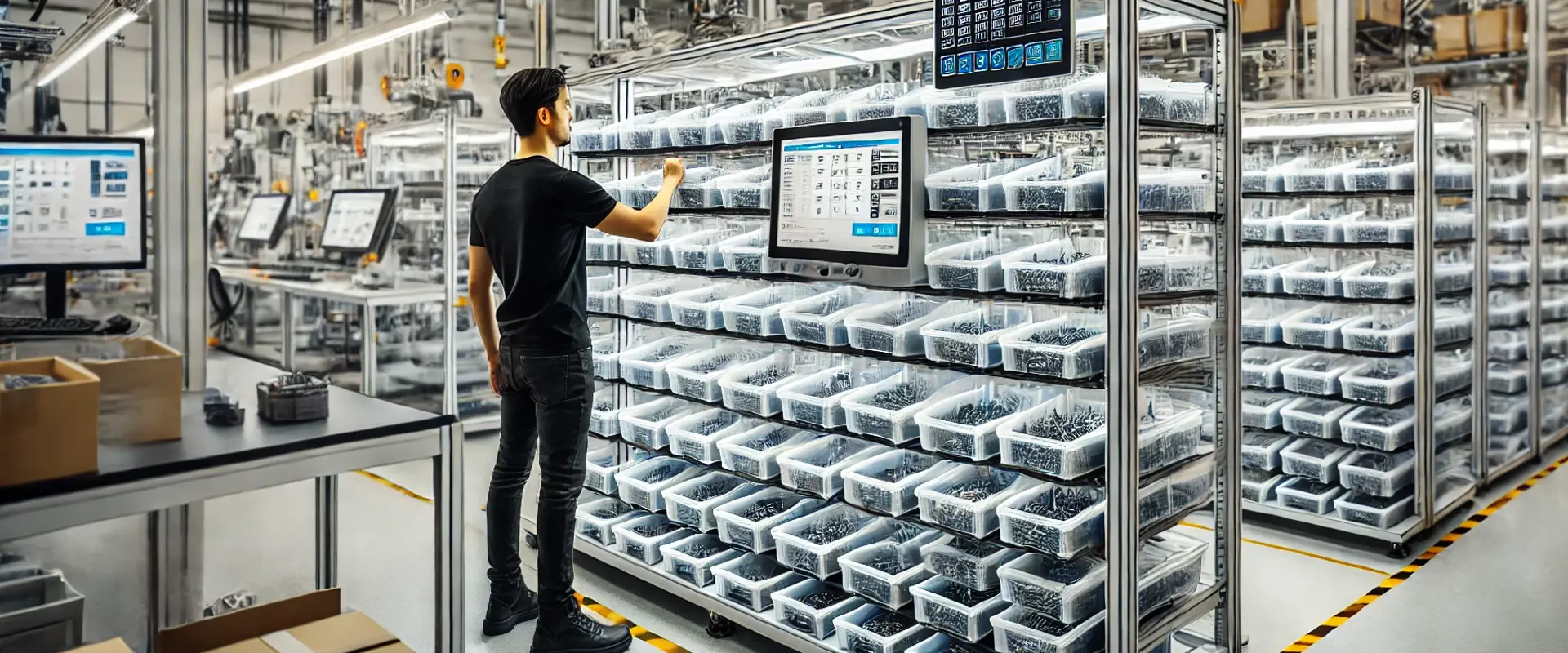 DALL·E 2024 11 20 11.08.07 A Modern Production Line In A Factory Setting, Featuring Shelves Filled With Plastic Bins Containing Screws And Bolts. The Bins Are Organized, And The