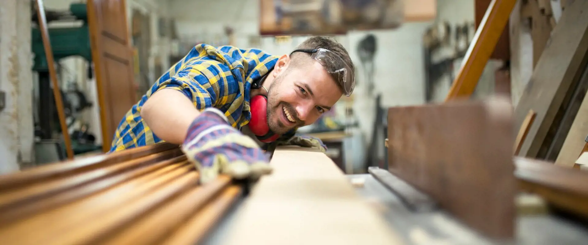 Portrait Experienced Carpenter Worker Cutting Wood Plank Machine His Woodworking Workshop 342744 829