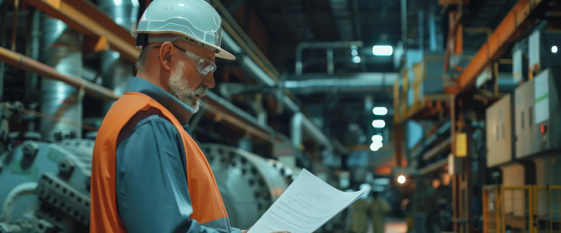 Ingegnere Industriale Con Giubbotto Arancione E Casco Che Rivede Documenti In Una Grande Fabbrica Ingegneria Professionale E Concetto Di Ambiente Di Lavoro Industriale (1)